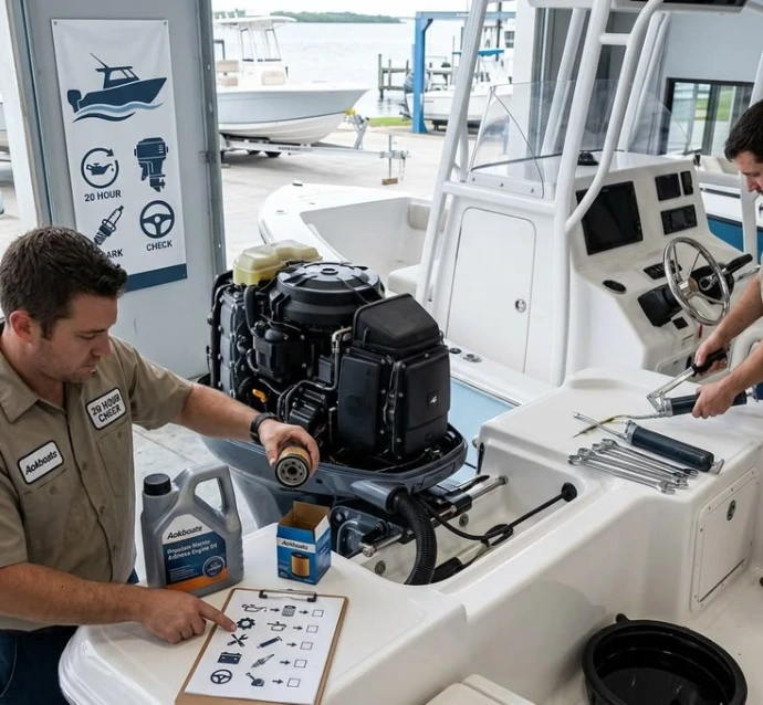 Technicien réparant un moteur hors-bord sur un bateau - vente de moteurs Séisme Nautic